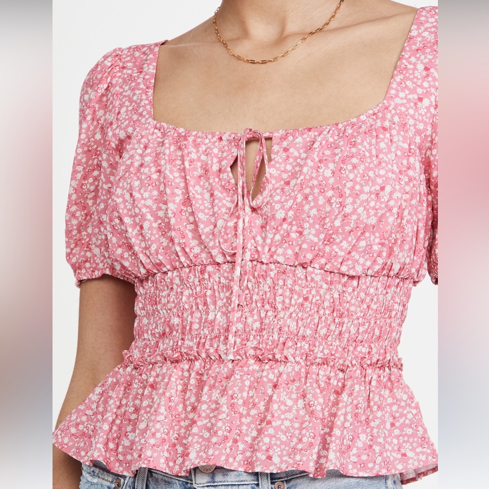 Wayf Pink Floral Smocked Peplum Crop Top
